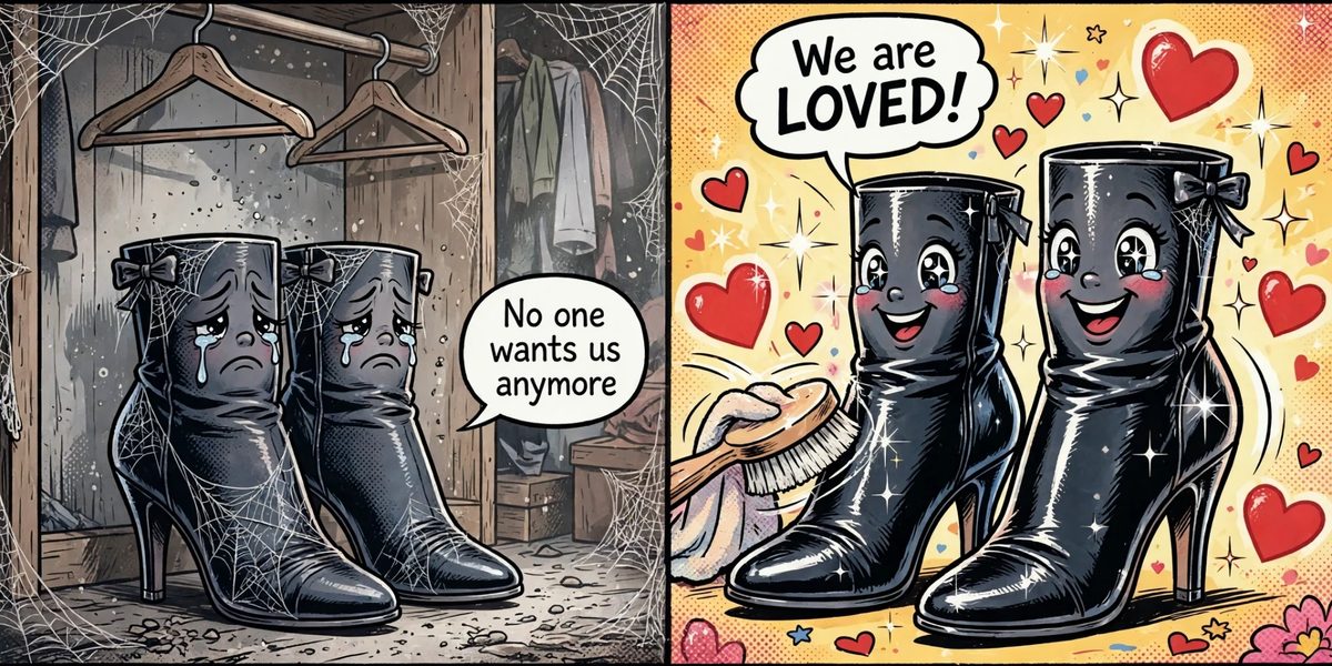 Cartoon of boots going from unwanted and dusty to loved and shined