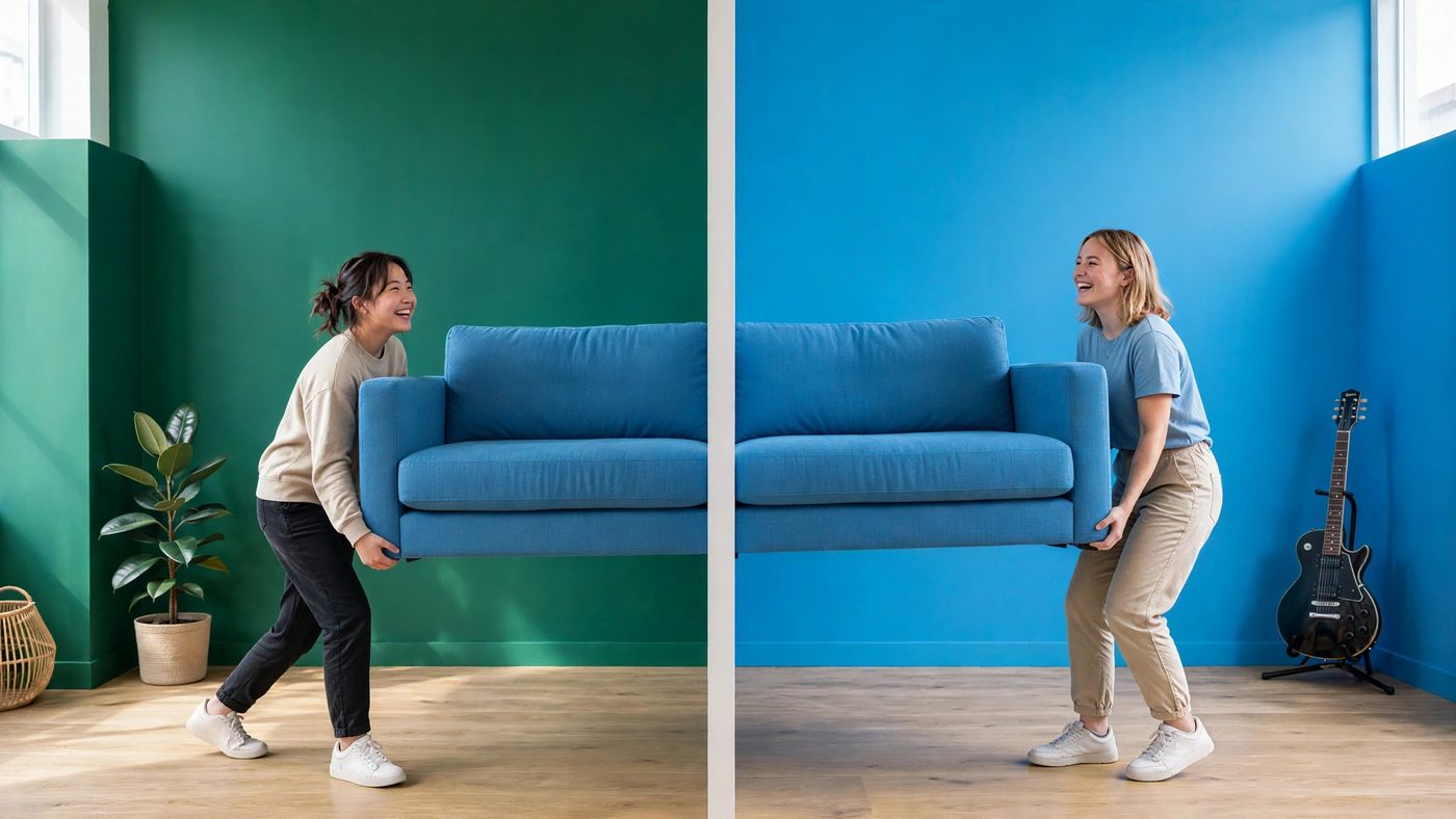 Two people carrying a sofa together